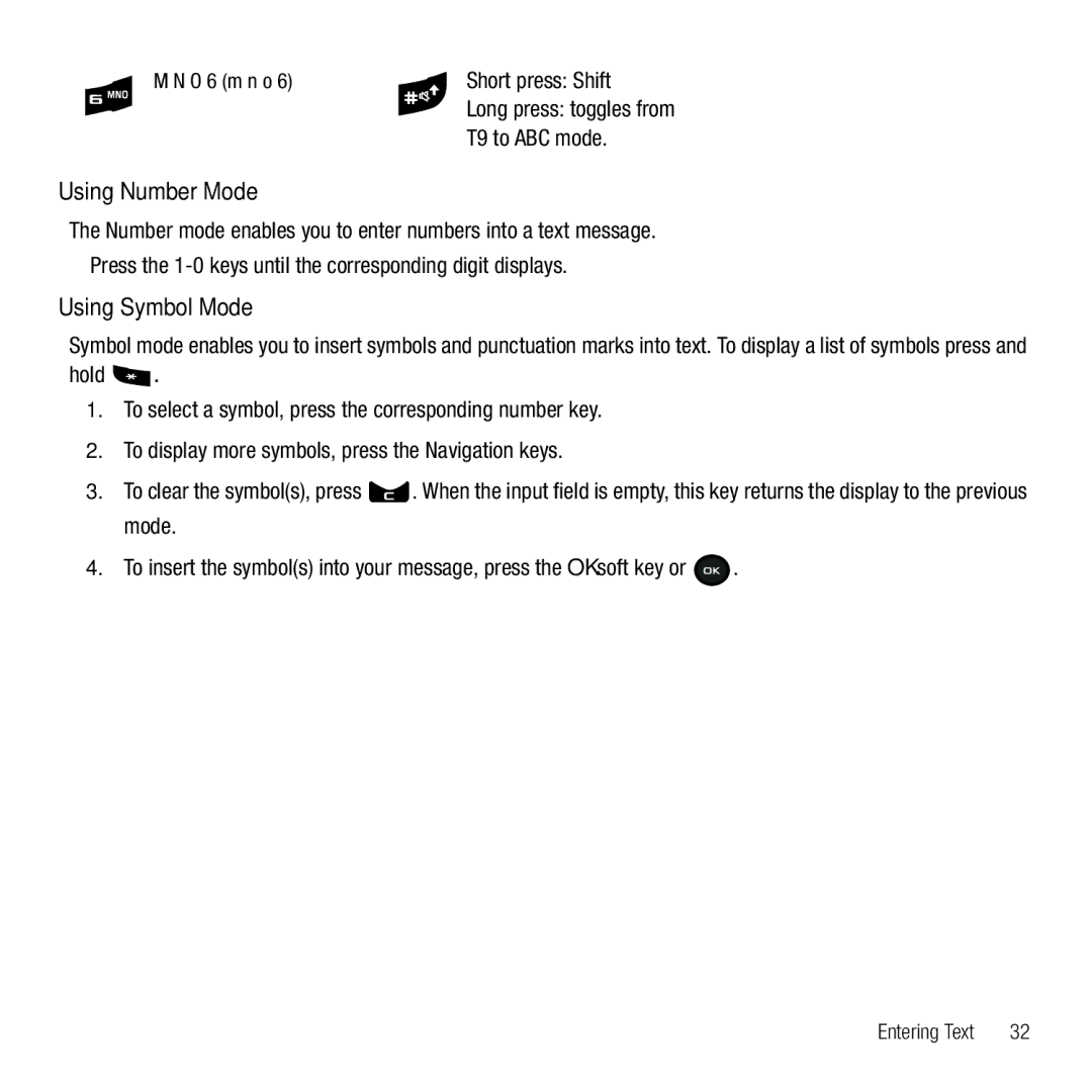 Samsung GH68-26667A user manual Using Number Mode, Using Symbol Mode, Short press Shift, T9 to ABC mode 