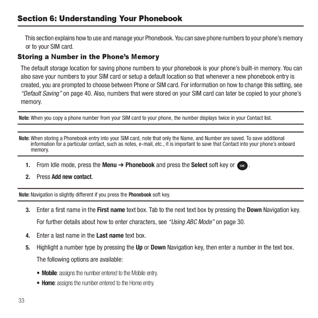 Samsung GH68-26667A user manual Understanding Your Phonebook, Storing a Number in the Phone’s Memory, Press Add new contact 