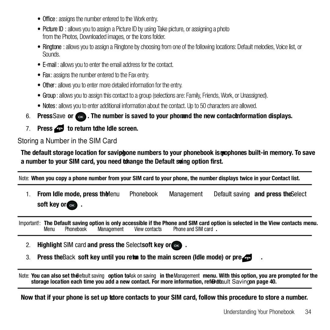 Samsung GH68-26667A Storing a Number in the SIM Card, Office assigns the number entered to the Work entry, Soft key or 