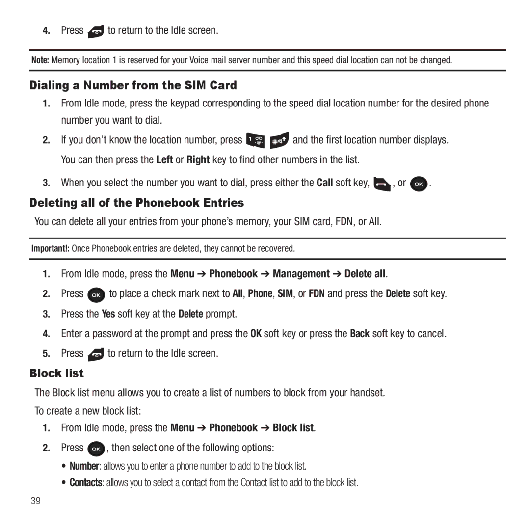 Samsung GH68-26667A user manual Dialing a Number from the SIM Card, Deleting all of the Phonebook Entries, Block list 