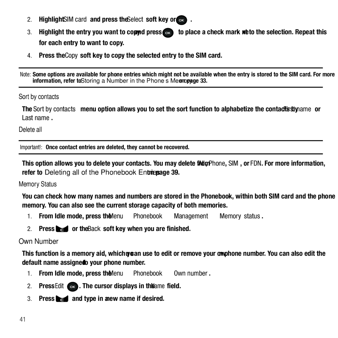 Samsung GH68-26667A user manual Own Number, Sort by contacts, Last name, Memory Status 