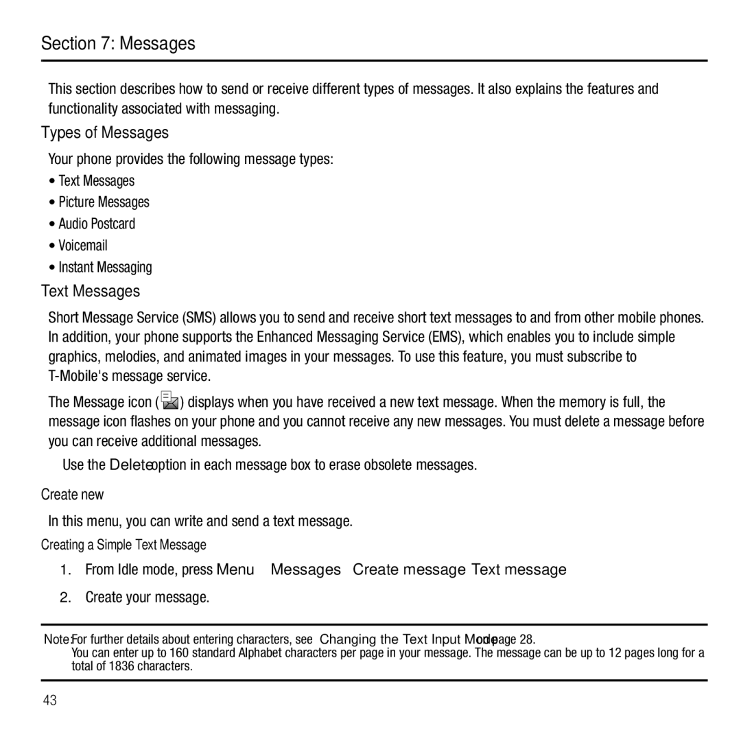 Samsung GH68-26667A user manual Types of Messages, Text Messages, Create new 