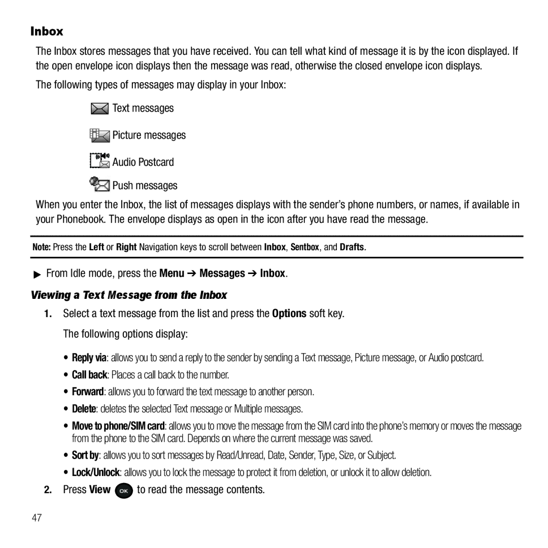 Samsung GH68-26667A user manual From Idle mode, press the Menu Messages Inbox, Viewing a Text Message from the Inbox 