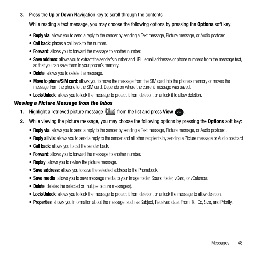 Samsung GH68-26667A user manual Delete allows you to delete the message, Viewing a Picture Message from the Inbox 