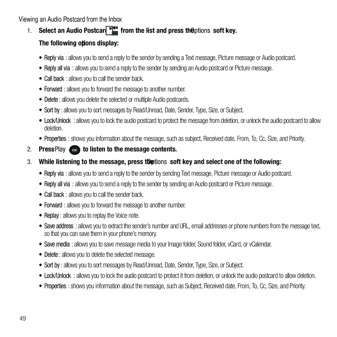 Samsung GH68-26667A user manual Viewing an Audio Postcard from the Inbox, Delete allows you to delete the selected message 