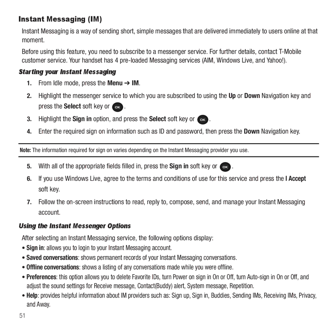 Samsung GH68-26667A user manual Instant Messaging IM, Starting your Instant Messaging, From Idle mode, press the Menu IM 