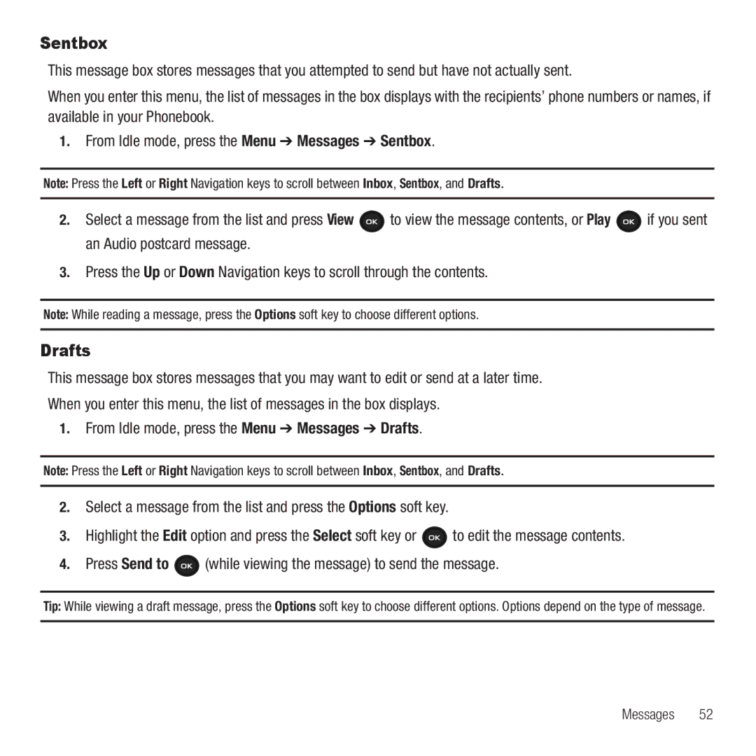 Samsung GH68-26667A user manual Sentbox, Drafts 