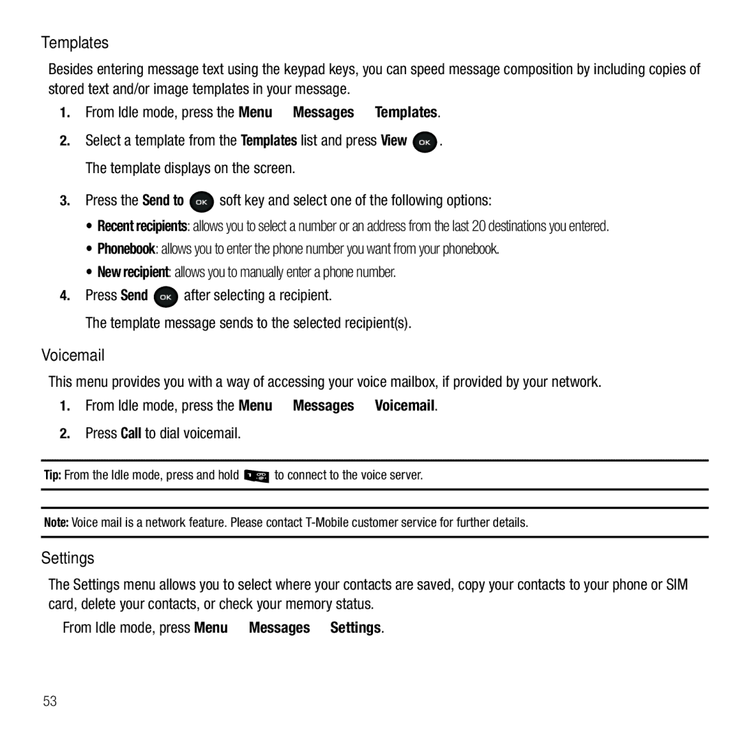 Samsung GH68-26667A user manual Templates, Voicemail, Settings 