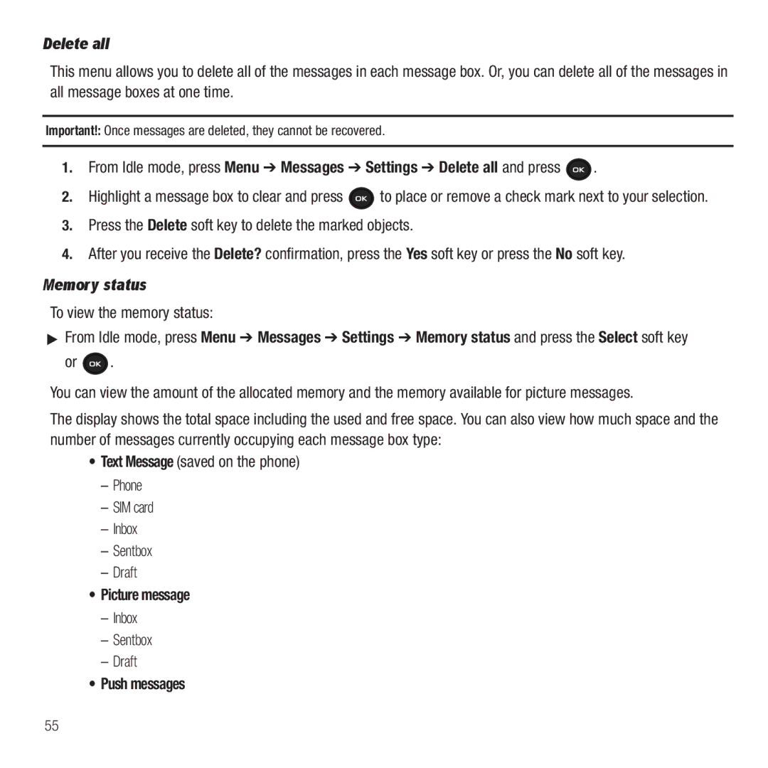 Samsung GH68-26667A user manual To view the memory status, Picture message, Inbox Sentbox Draft, Push messages 