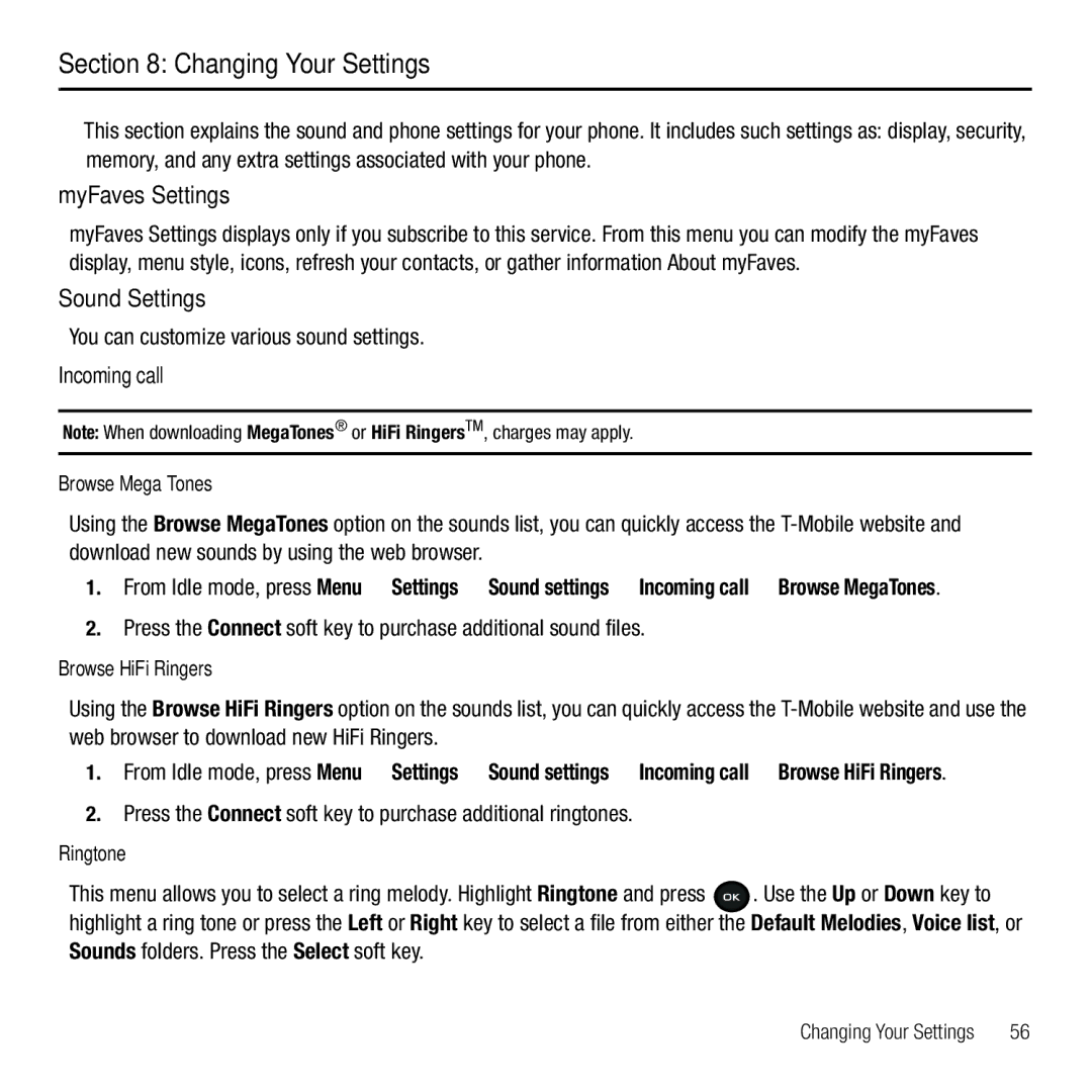 Samsung GH68-26667A user manual Changing Your Settings, MyFaves Settings, Sound Settings, Incoming call 