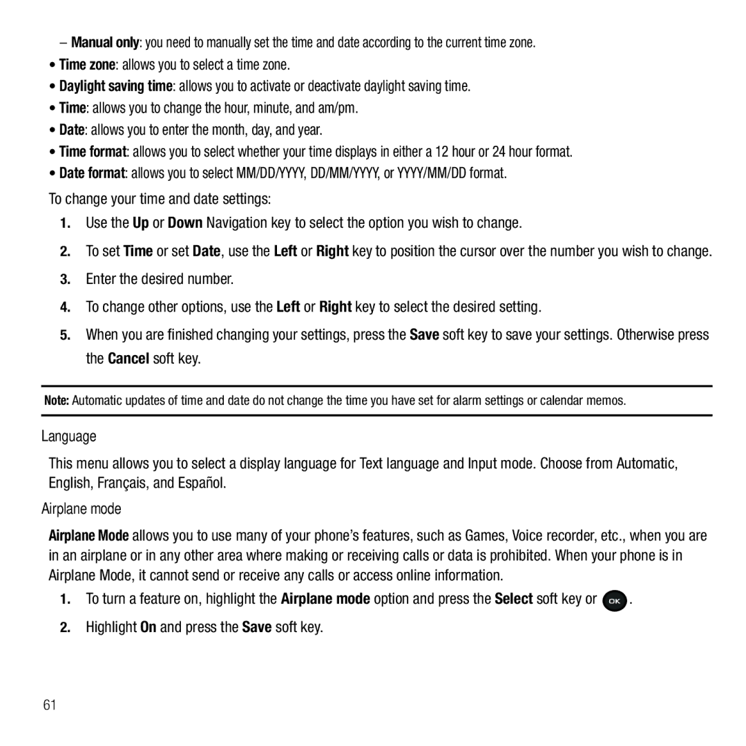 Samsung GH68-26667A user manual Language, Airplane mode, Highlight On and press the Save soft key 