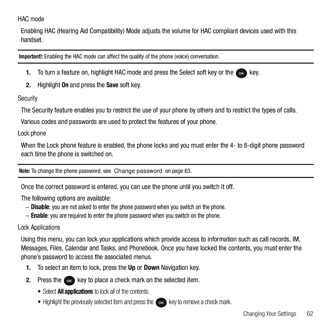 Samsung GH68-26667A user manual HAC mode, Security, Lock phone, Lock Applications 