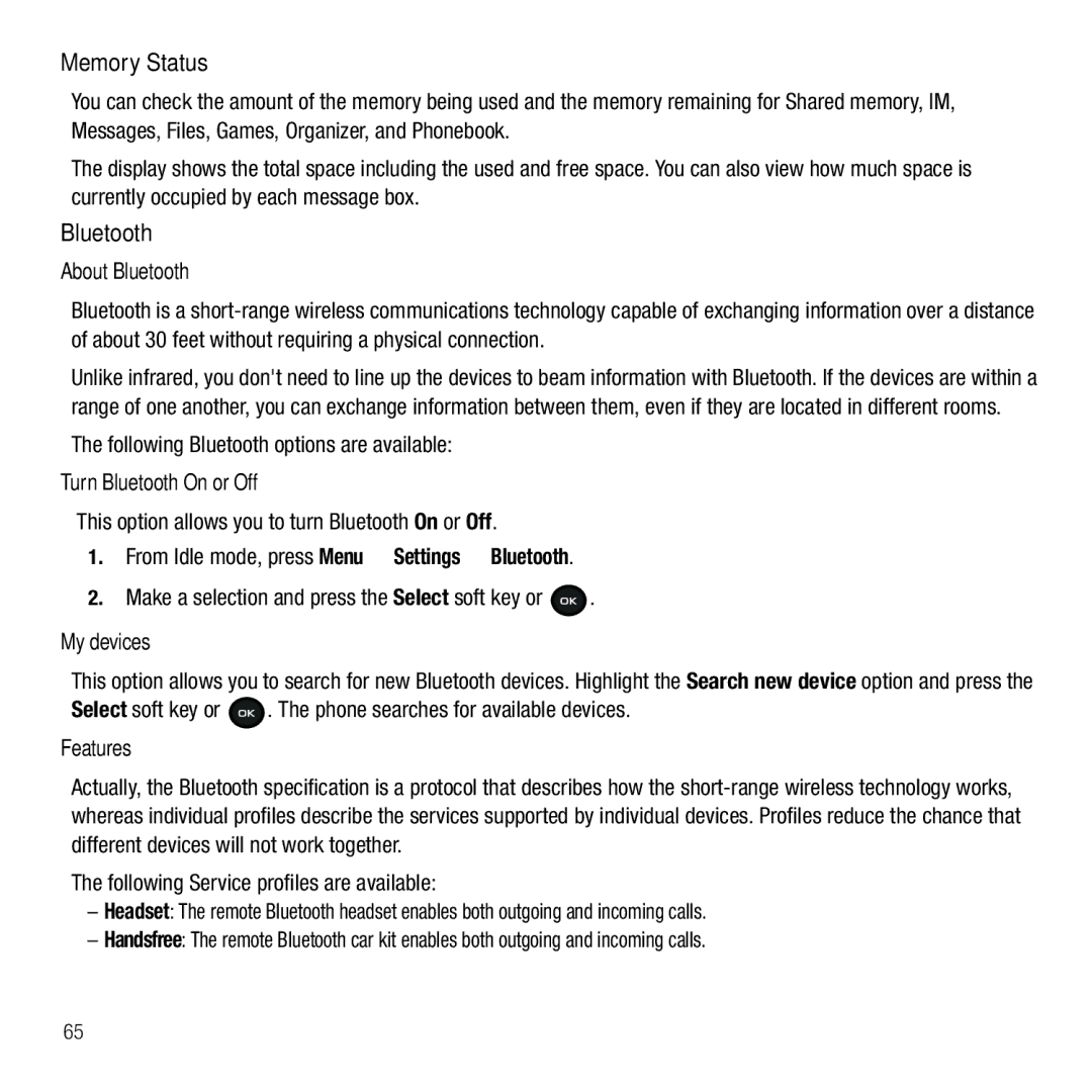 Samsung GH68-26667A user manual Memory Status, Bluetooth 