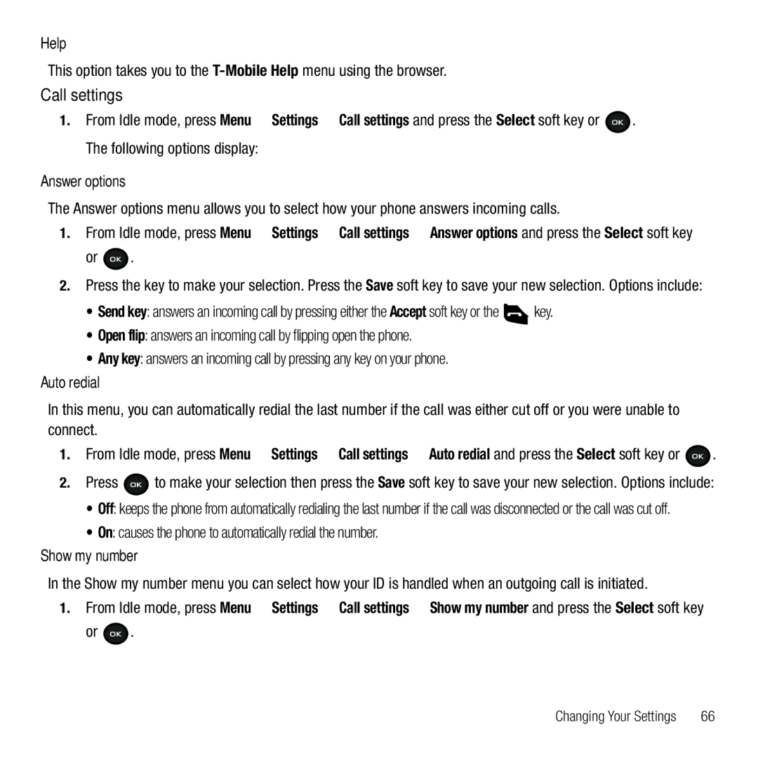 Samsung GH68-26667A user manual Call settings, Help, Answer options, Auto redial, Show my number 