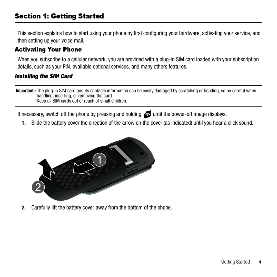 Samsung GH68-26667A user manual Getting Started, Activating Your Phone, Installing the SIM Card 