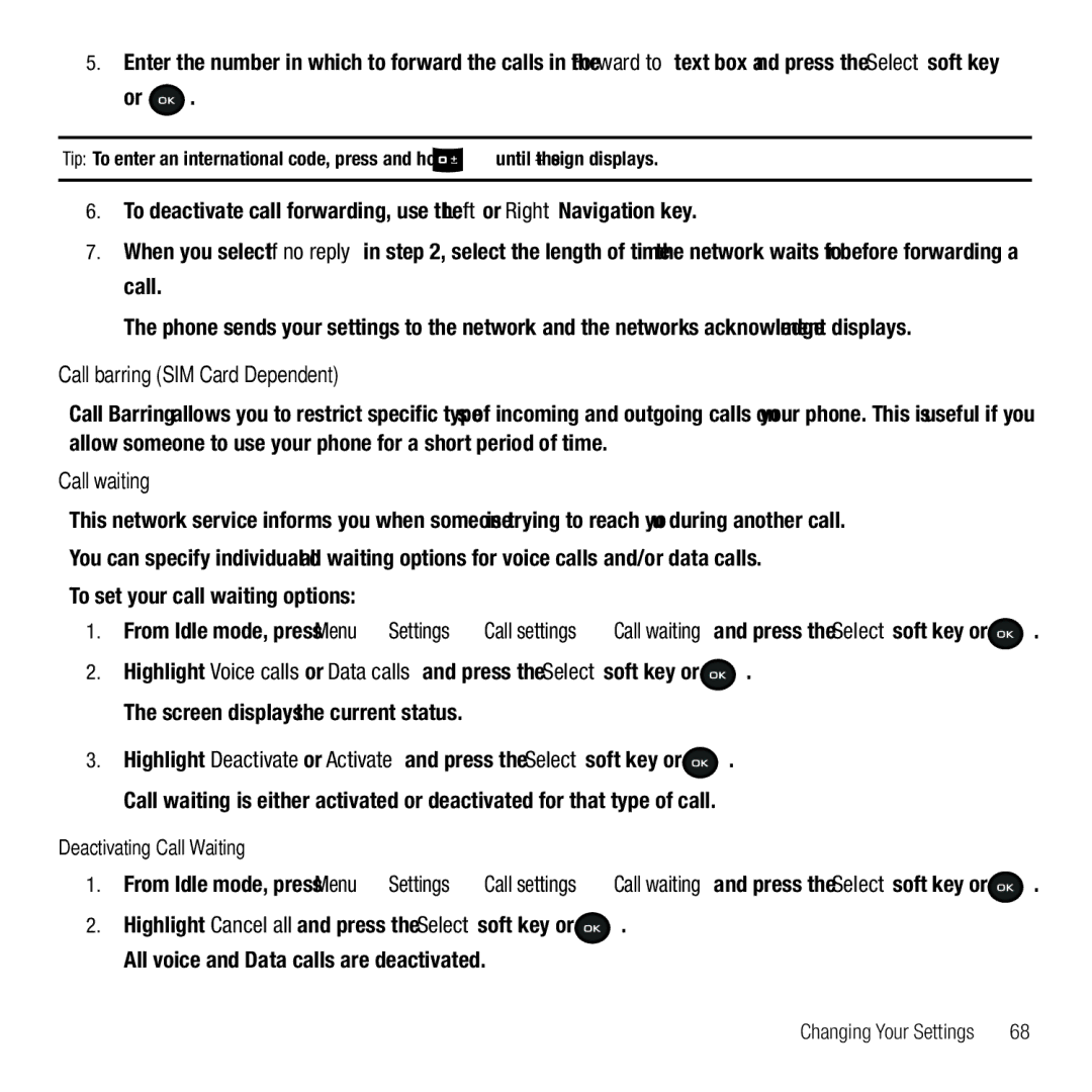 Samsung GH68-26667A user manual Call barring SIM Card Dependent, Call waiting, To set your call waiting options 