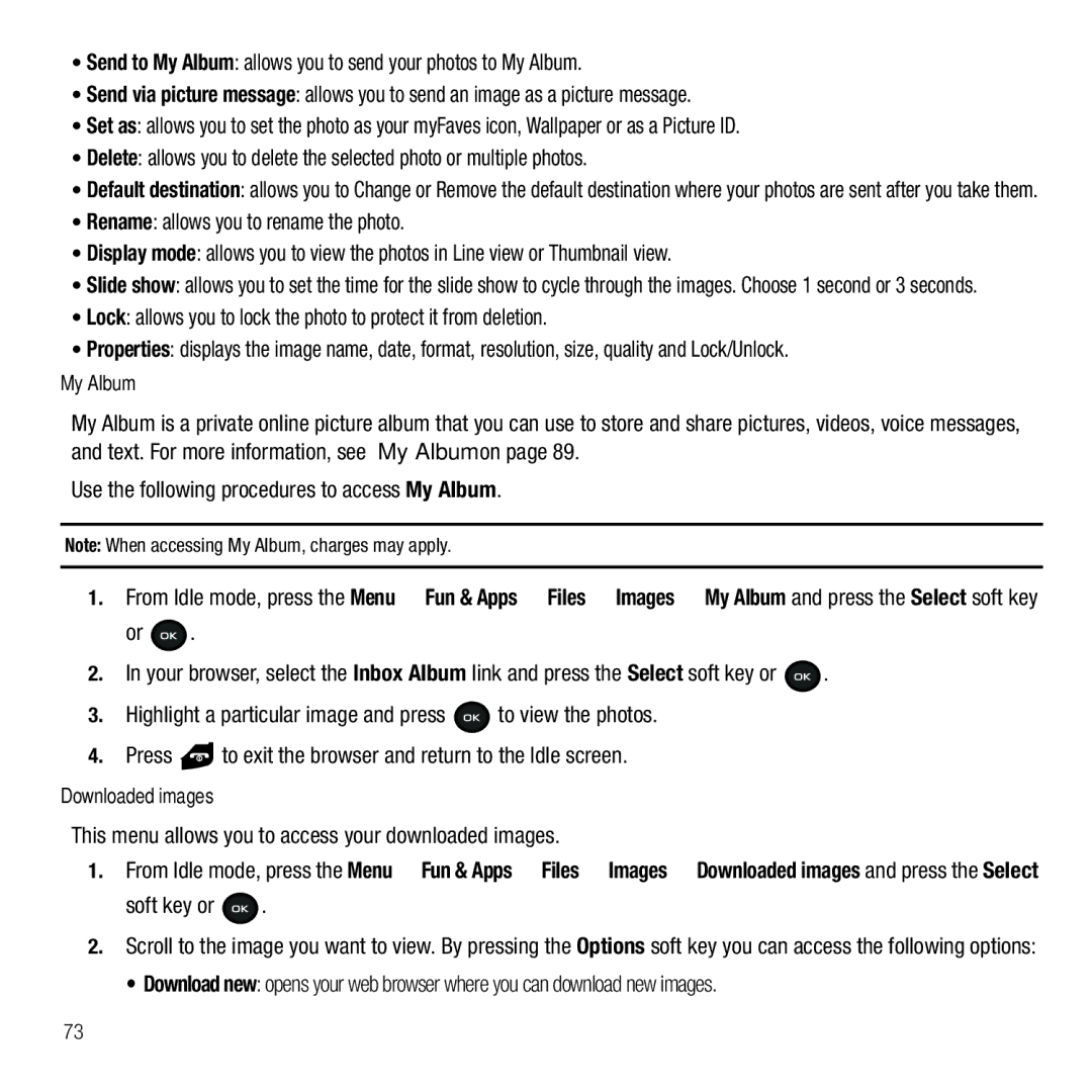 Samsung GH68-26667A user manual This menu allows you to access your downloaded images, My Album, Downloaded images 