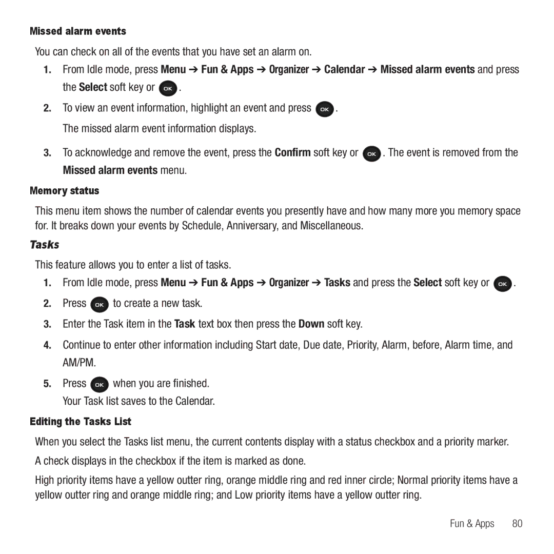 Samsung GH68-26667A user manual Tasks, This feature allows you to enter a list of tasks, Missed alarm events, Memory status 