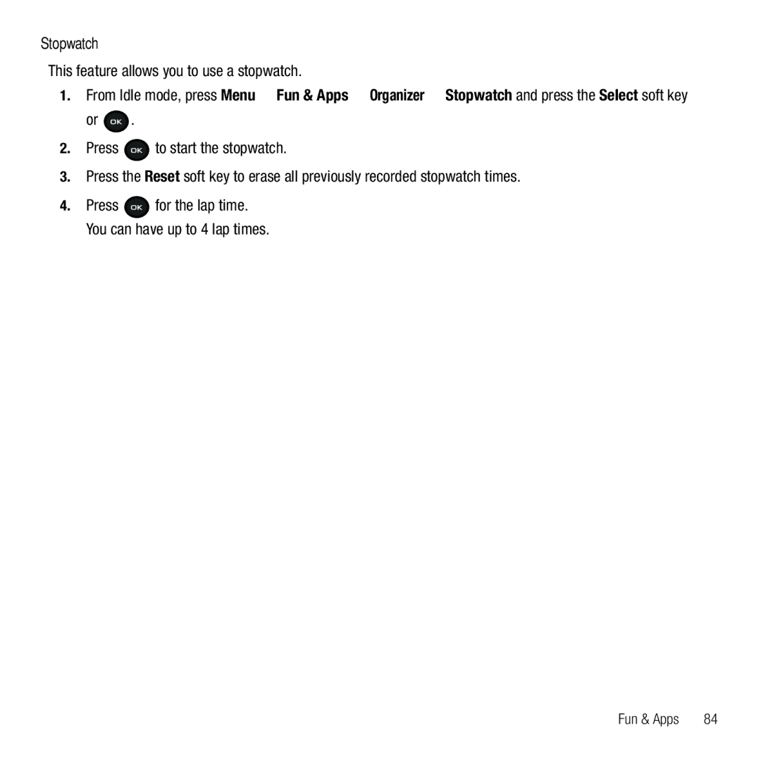 Samsung GH68-26667A user manual Stopwatch, This feature allows you to use a stopwatch 