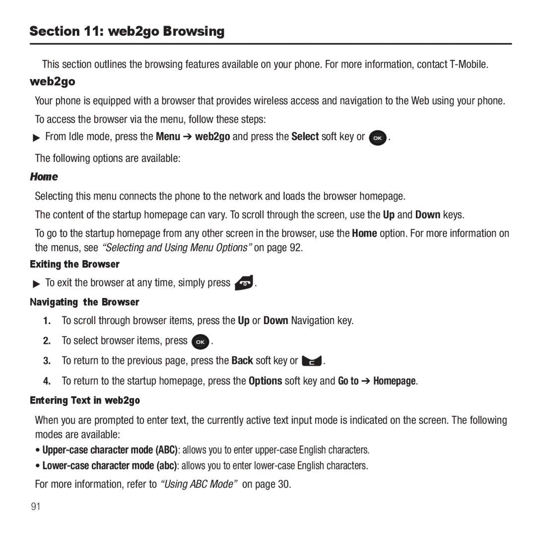 Samsung GH68-26667A user manual Web2go Browsing, Home, To exit the browser at any time, simply press 