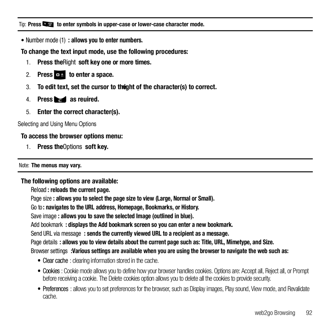 Samsung GH68-26667A user manual Clear cache clearing information stored in the cache, Selecting and Using Menu Options 