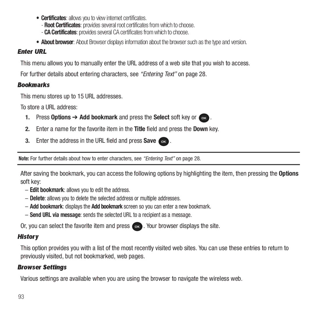 Samsung GH68-26667A user manual Enter URL, Bookmarks, History, Browser Settings 