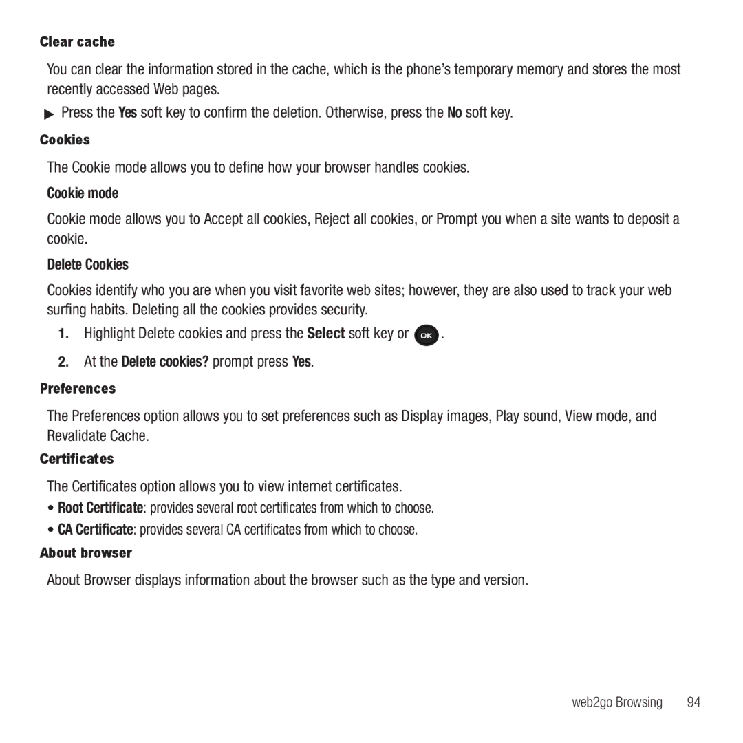 Samsung GH68-26667A user manual Cookie mode, Delete Cookies 