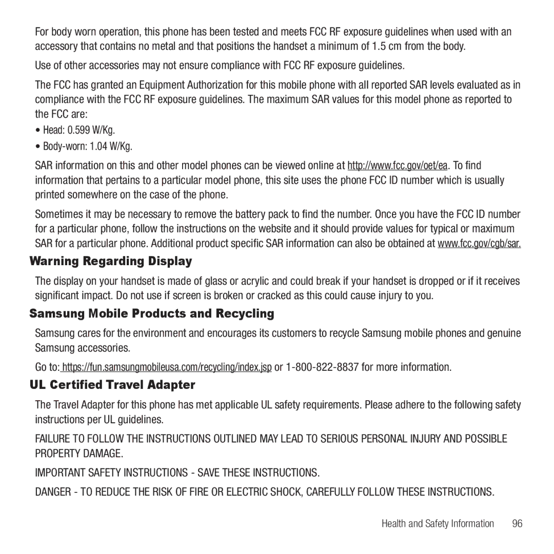 Samsung GH68-26667A user manual Samsung Mobile Products and Recycling, UL Certified Travel Adapter 