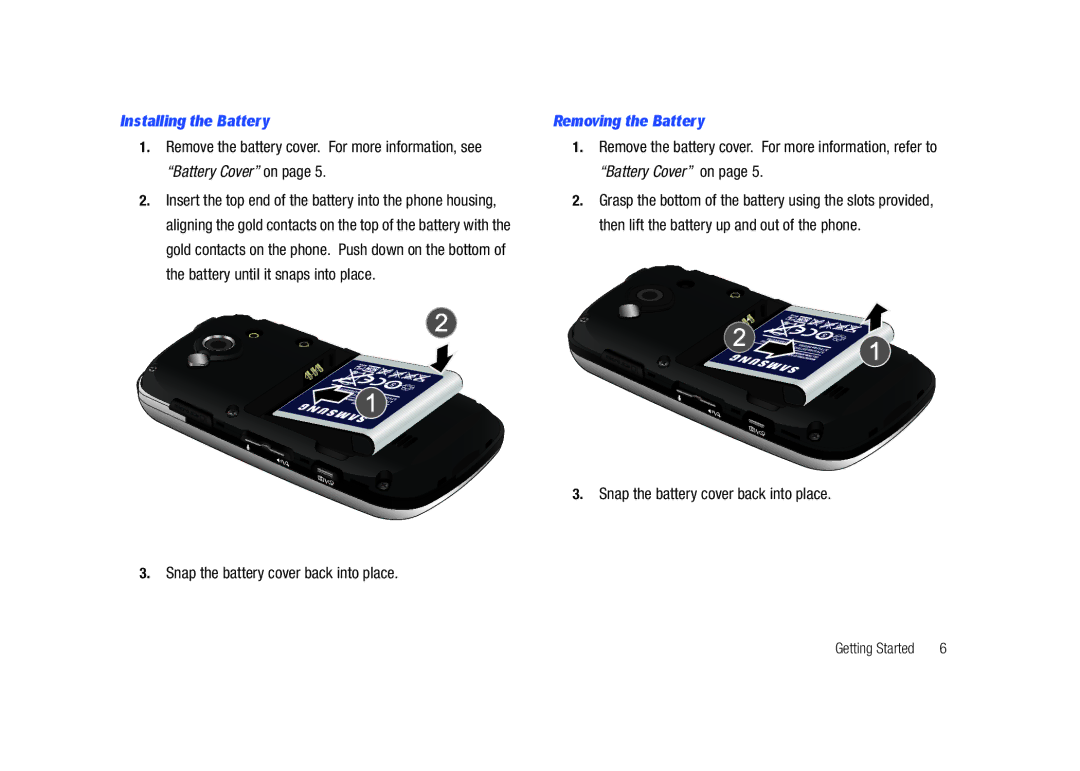 Samsung GH68-26940A user manual Installing the Battery, Snap the battery cover back into place, Removing the Battery 