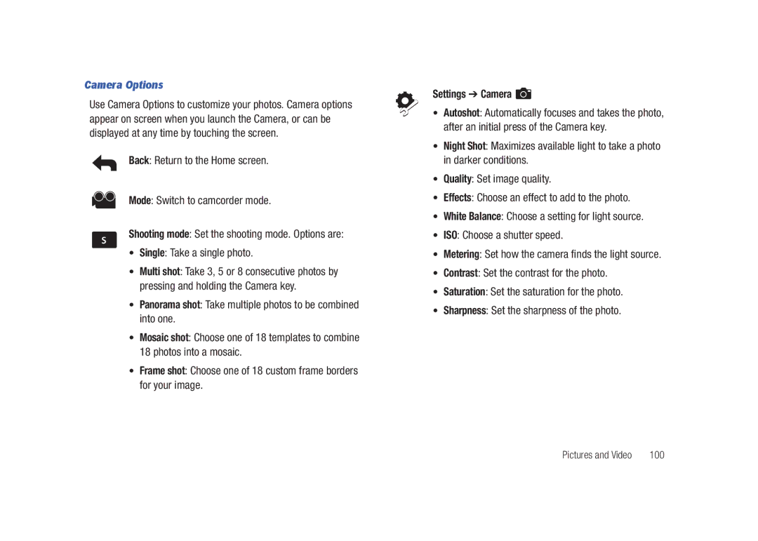 Samsung GH68-26940A user manual Camera Options, Settings Camera, Metering Set how the camera finds the light source, 100 