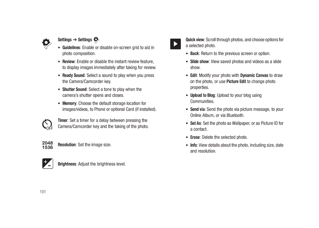 Samsung GH68-26940A user manual Settings Settings, 101 