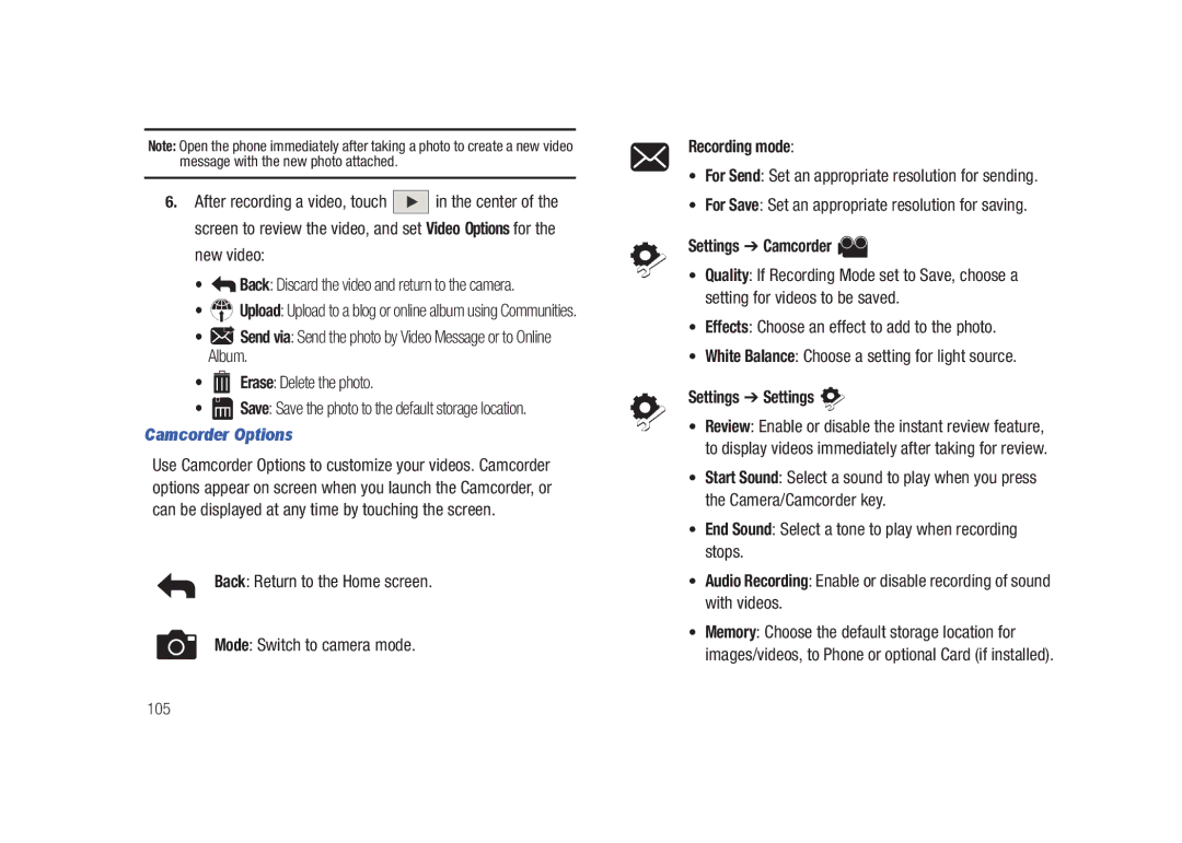 Samsung GH68-26940A New video Back Discard the video and return to the camera, Camcorder Options, Recording mode 