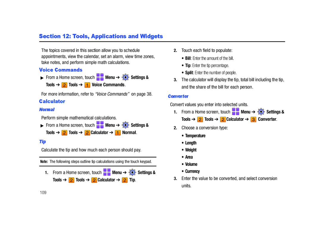 Samsung GH68-26940A user manual Tools, Applications and Widgets, Calculator, Normal, Tip, Converter 