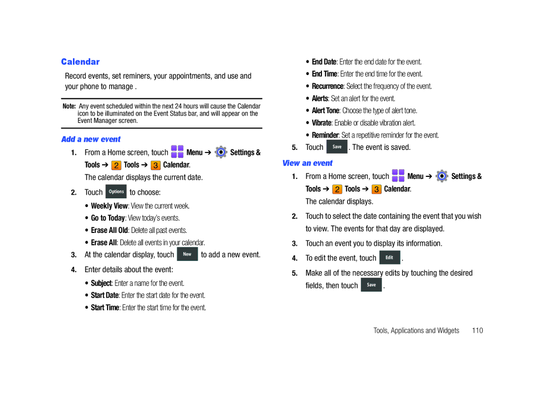 Samsung GH68-26940A user manual Add a new event, View an event, Calendar displays, Fields, then touch Save 