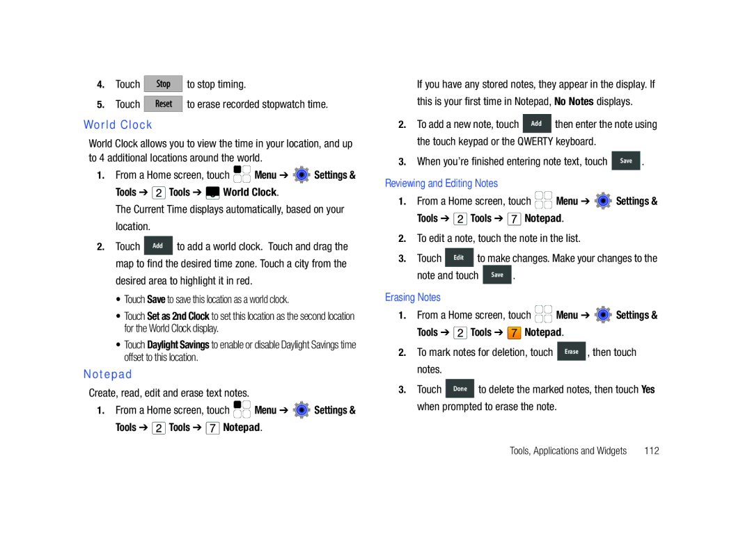 Samsung GH68-26940A user manual World Clock, Reviewing and Editing Notes, When prompted to erase the note 