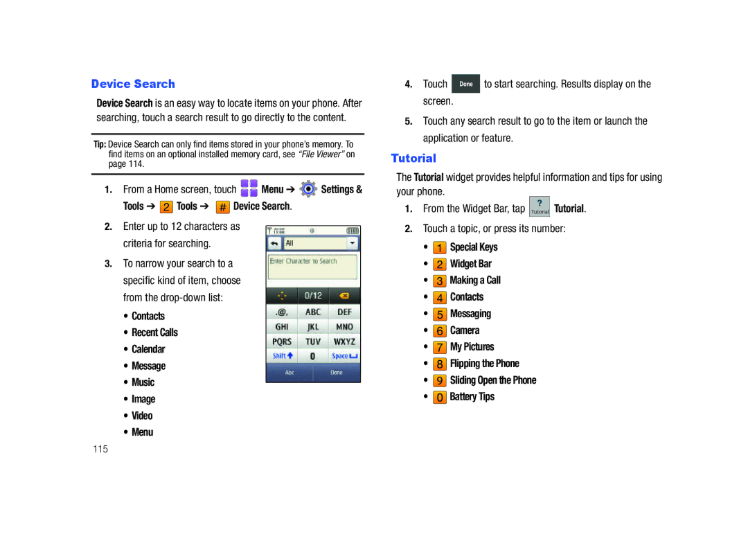 Samsung GH68-26940A user manual Device Search, Tutorial, Enter up to 12 characters as criteria for searching, 115 