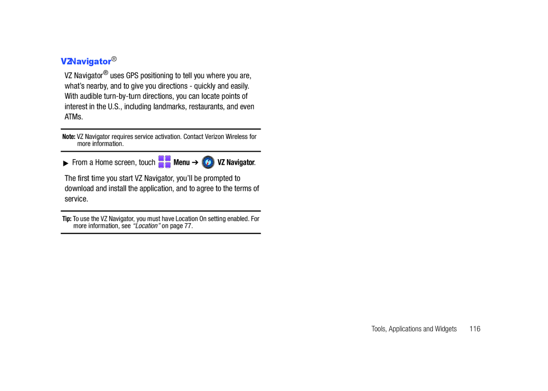 Samsung GH68-26940A user manual VZNavigator, 116 