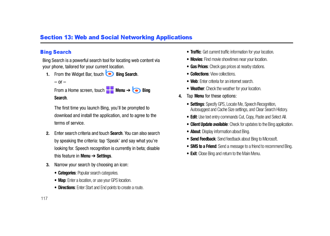 Samsung GH68-26940A user manual Web and Social Networking Applications, Bing Search 