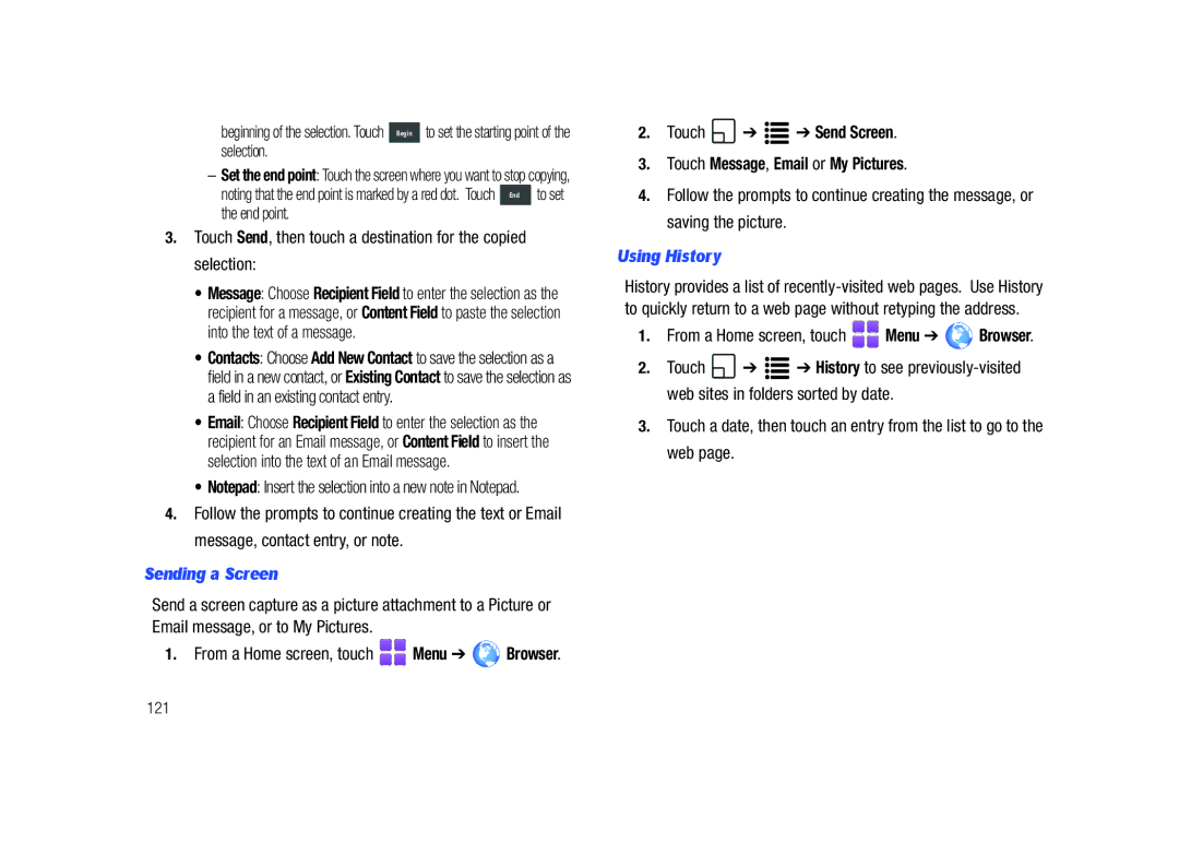 Samsung GH68-26940A user manual Sending a Screen, Touch Send Screen Touch Message, Email or My Pictures, Using History, 121 