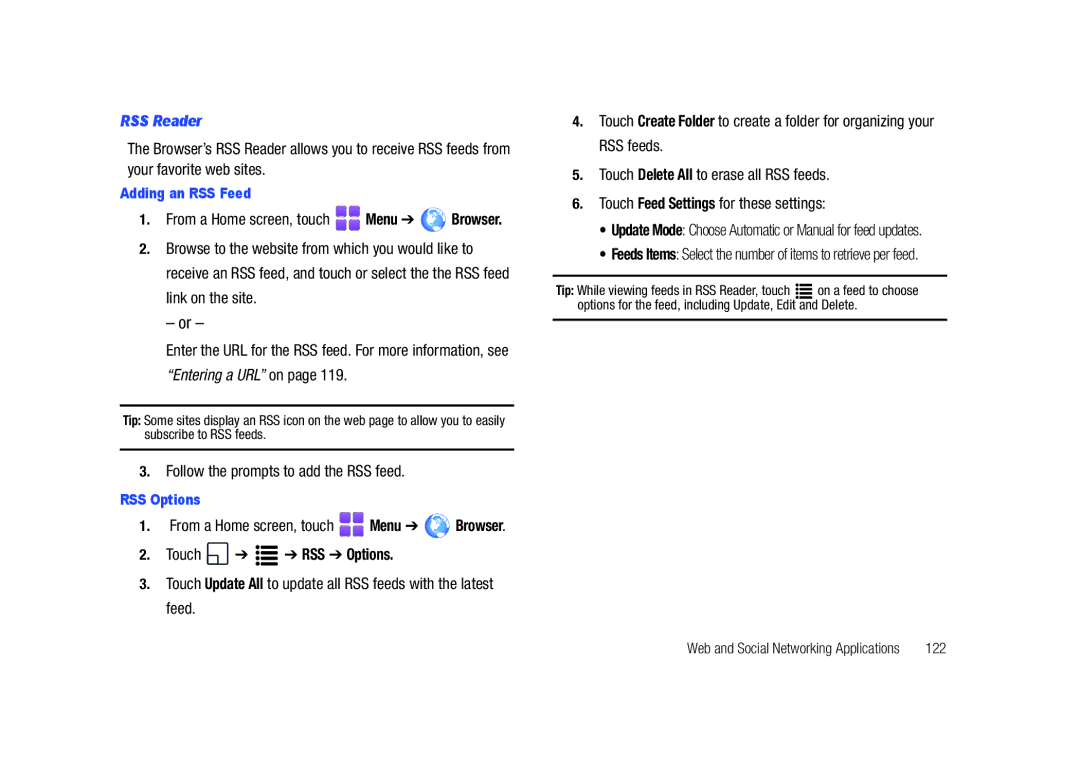 Samsung GH68-26940A user manual RSS Reader, Follow the prompts to add the RSS feed, Touch RSS Options, 122 