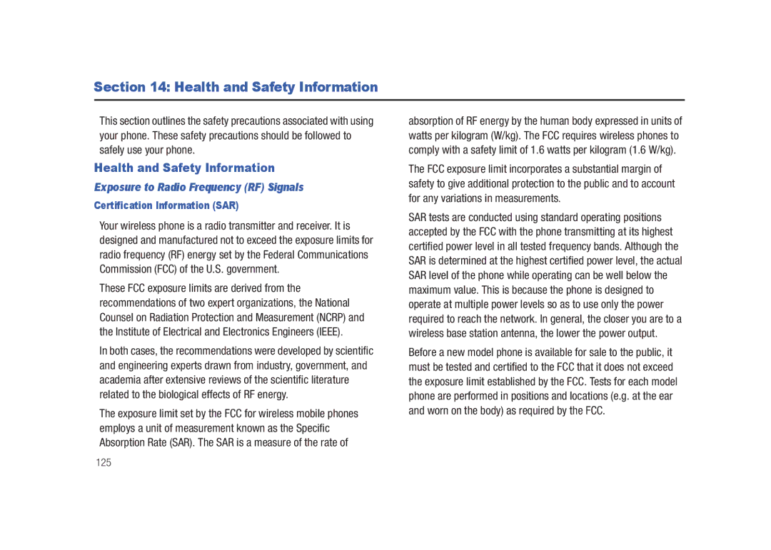 Samsung GH68-26940A user manual Health and Safety Information, Exposure to Radio Frequency RF Signals, 125 