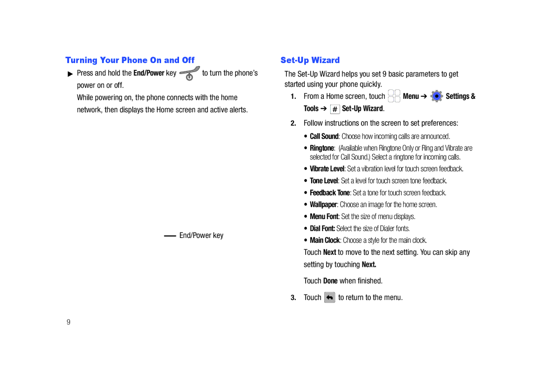 Samsung GH68-26940A user manual Turning Your Phone On and Off, From a Home screen, touch Menu, Tools Set-Up Wizard 
