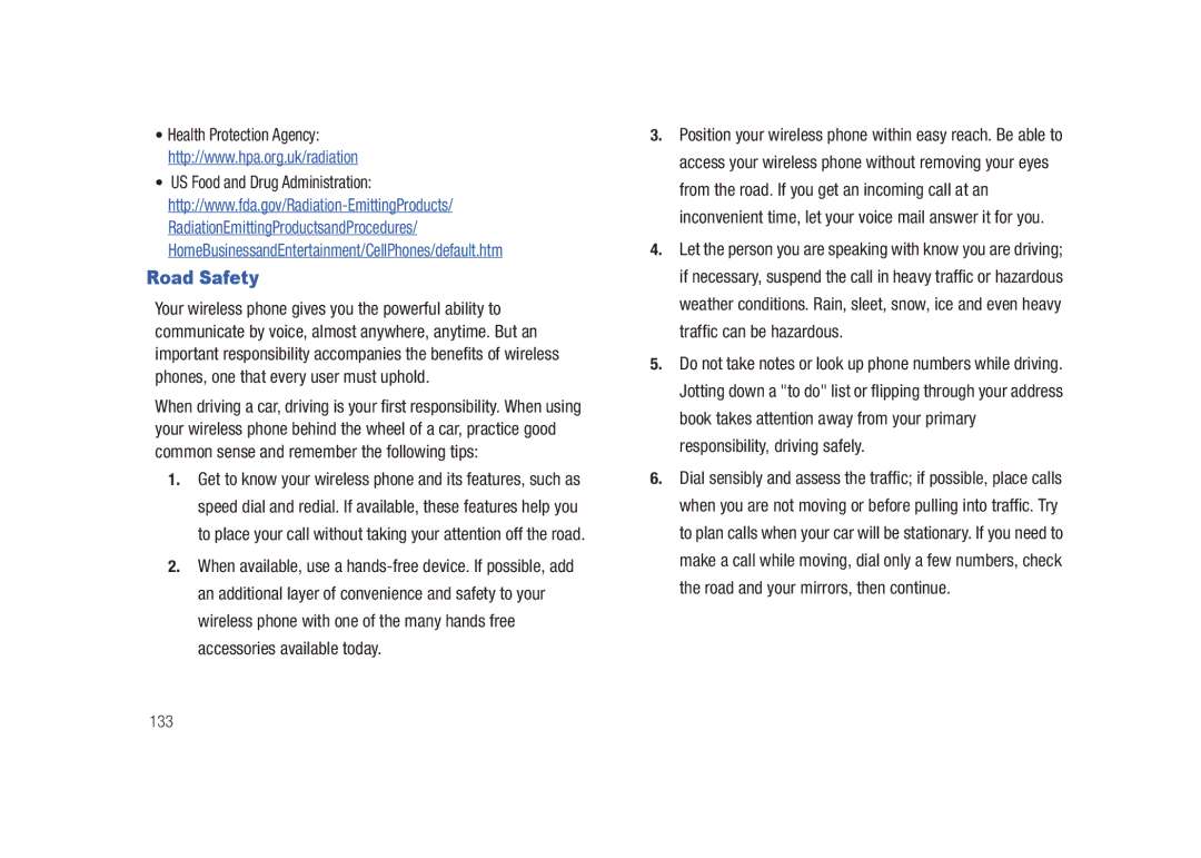 Samsung GH68-26940A user manual Road Safety, 133 