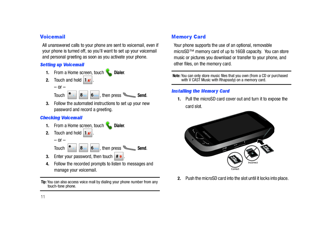 Samsung GH68-26940A user manual Setting up Voicemail, Checking Voicemail, Installing the Memory Card 