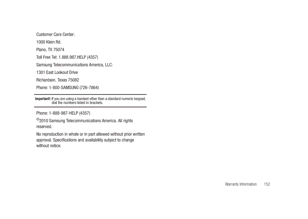 Samsung GH68-26940A user manual Customer Care Center Klein Rd Plano, TX, Richardson, Texas Phone 1-800-SAMSUNG, 152 