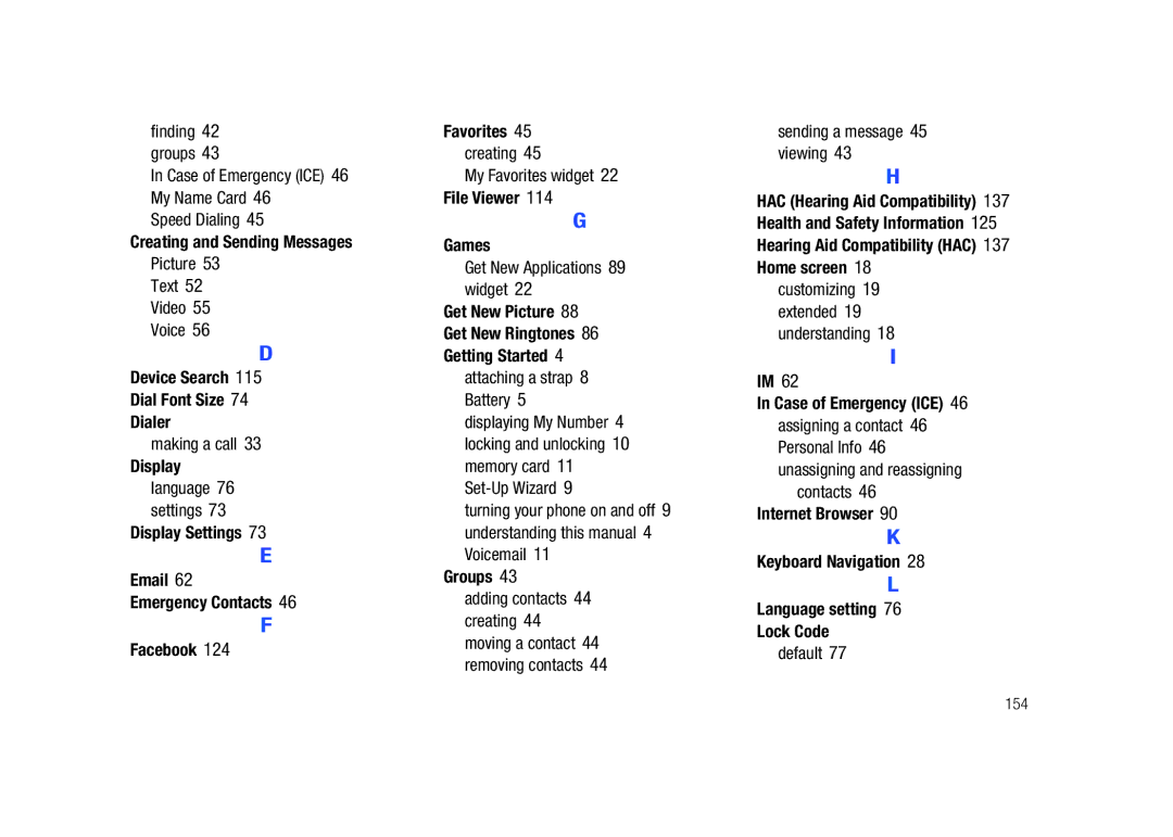 Samsung GH68-26940A Creating and Sending Messages, Device Search Dial Font Size Dialer, Display, File Viewer Games, Groups 