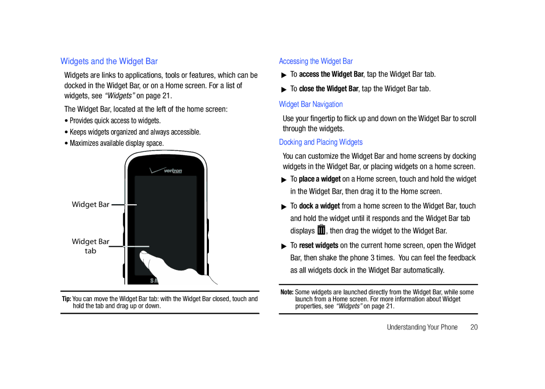 Samsung GH68-26940A user manual Widgets and the Widget Bar, Accessing the Widget Bar, Widget Bar Navigation 