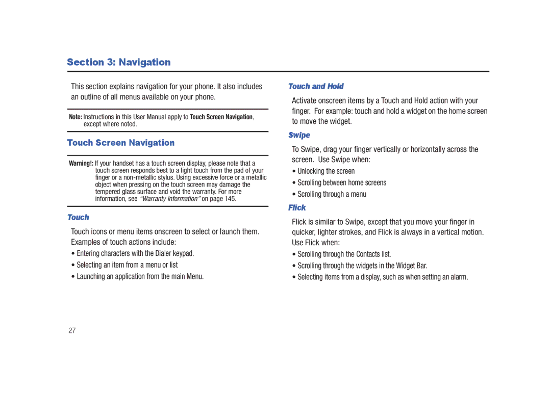 Samsung GH68-26940A user manual Touch Screen Navigation 