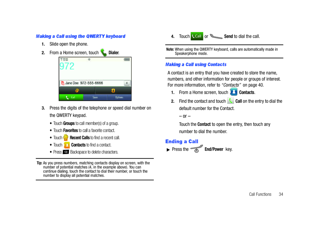 Samsung GH68-26940A user manual Ending a Call, Making a Call using the Qwerty keyboard, Making a Call using Contacts 