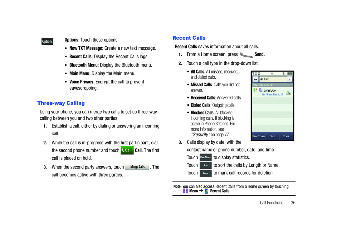 Samsung GH68-26940A user manual Three-way Calling, Recent Calls, Missed Calls Calls you did not answer 